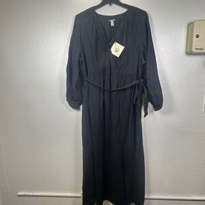 Universal Thread Womens 3X Black Linen Blend‎ Midi Dress V-Neck Long Sleeve NWT